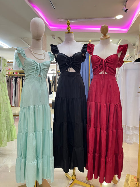Flutter Sleeves Hollow Out Long Tiered Maxi Dress